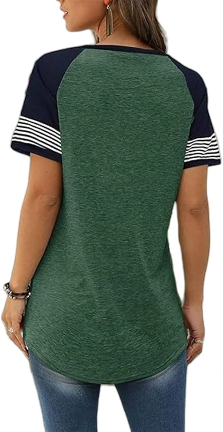 Womens T Shirts Casual Crew Neck Striped Short Sleeve Tops Summer Trendy Loose Fit Color Block Pullover Tee Shirts