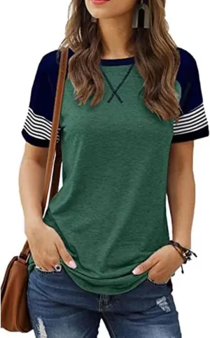 Womens T Shirts Casual Crew Neck Striped Short Sleeve Tops Summer Trendy Loose Fit Color Block Pullover Tee Shirts