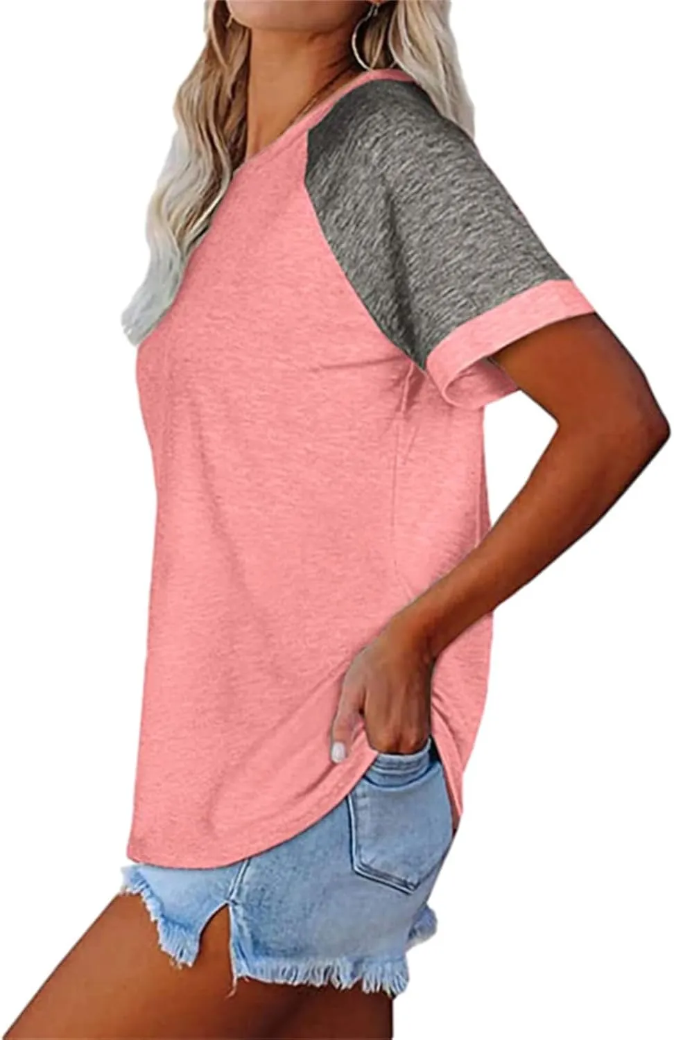 Women's T-Shirts Raglan Short Sleeve Crewneck T-Shirt Casual Summer Color Block Tunic Tshirt Cute Loose Fit Blouses Tops