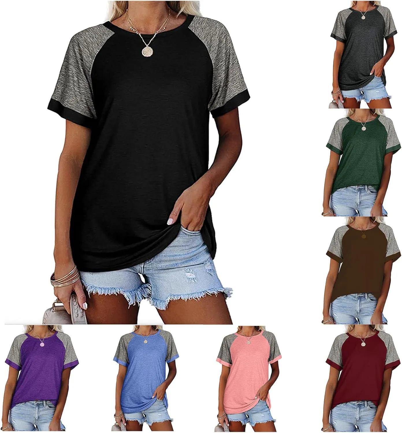 Women's T-Shirts Raglan Short Sleeve Crewneck T-Shirt Casual Summer Color Block Tunic Tshirt Cute Loose Fit Blouses Tops