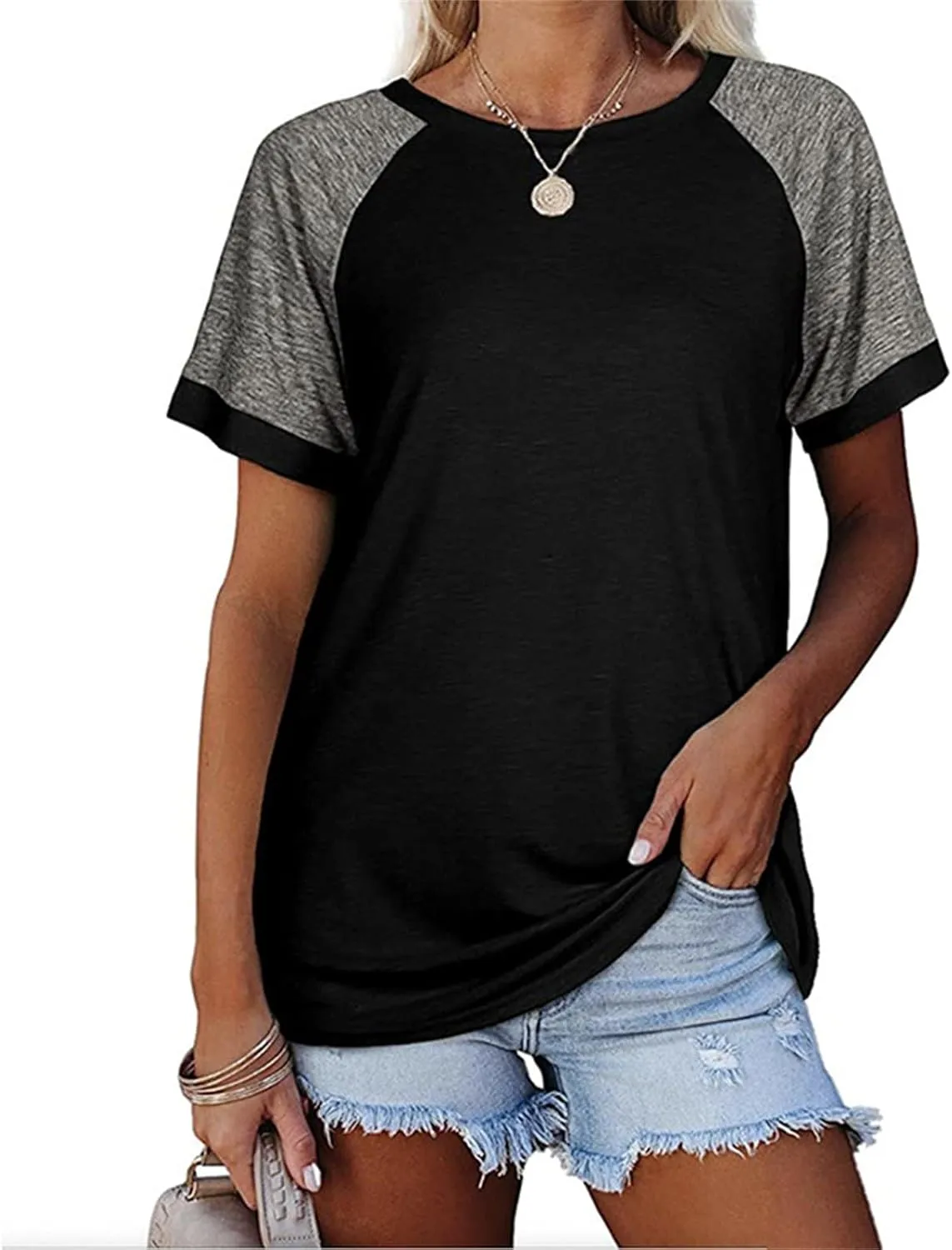 Women's T-Shirts Raglan Short Sleeve Crewneck T-Shirt Casual Summer Color Block Tunic Tshirt Cute Loose Fit Blouses Tops
