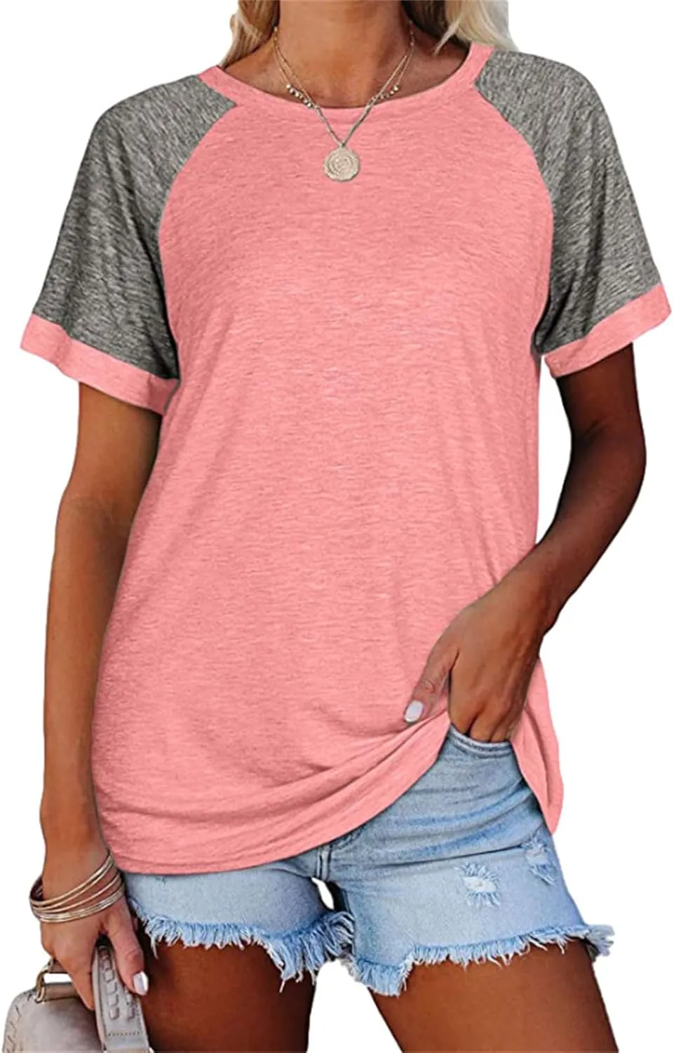 Women's T-Shirts Raglan Short Sleeve Crewneck T-Shirt Casual Summer Color Block Tunic Tshirt Cute Loose Fit Blouses Tops