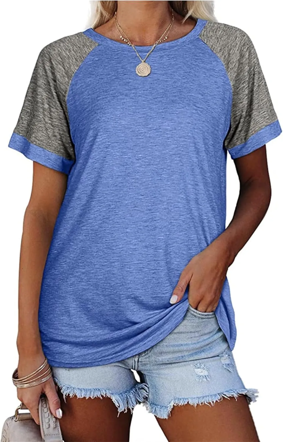 Women's T-Shirts Raglan Short Sleeve Crewneck T-Shirt Casual Summer Color Block Tunic Tshirt Cute Loose Fit Blouses Tops