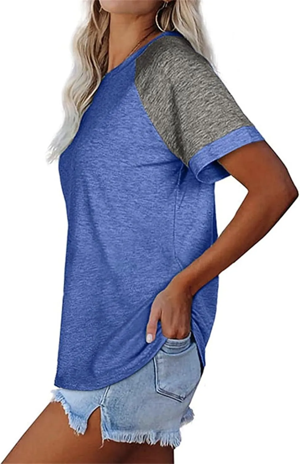 Women's T-Shirts Raglan Short Sleeve Crewneck T-Shirt Casual Summer Color Block Tunic Tshirt Cute Loose Fit Blouses Tops