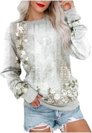 Women's Vintage Floral Print Long Sleeve Sweatshirt - Casual Loose Fit Pullover Top