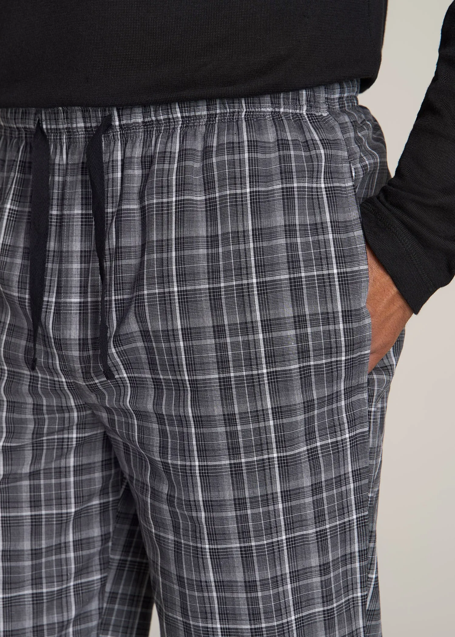 Woven Pajama Pants for Tall Men in Black & Grey Plaid