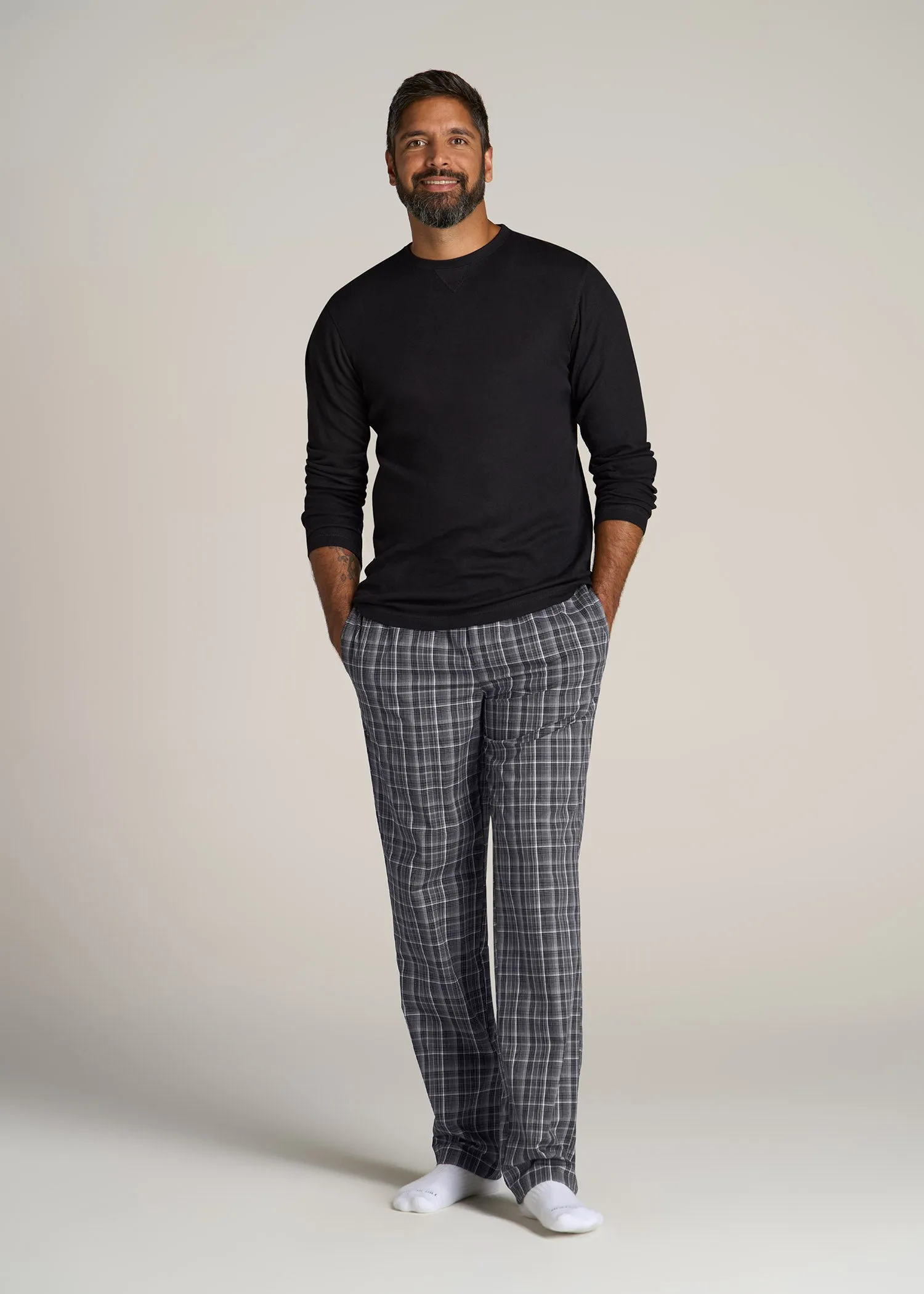 Woven Pajama Pants for Tall Men in Black & Grey Plaid
