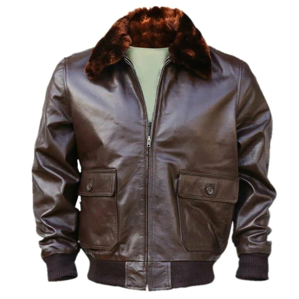 WWII Navy G1 Flight Bomber Genuine Leather jacket With Warm Quilted Lining - Bomber Jacket Faux Fur Collar