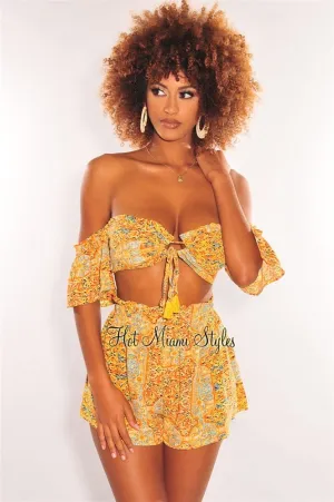 Yellow Floral Print Off Shoulder Tie Up Shorts Two Piece Set