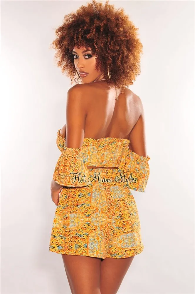 Yellow Floral Print Off Shoulder Tie Up Shorts Two Piece Set