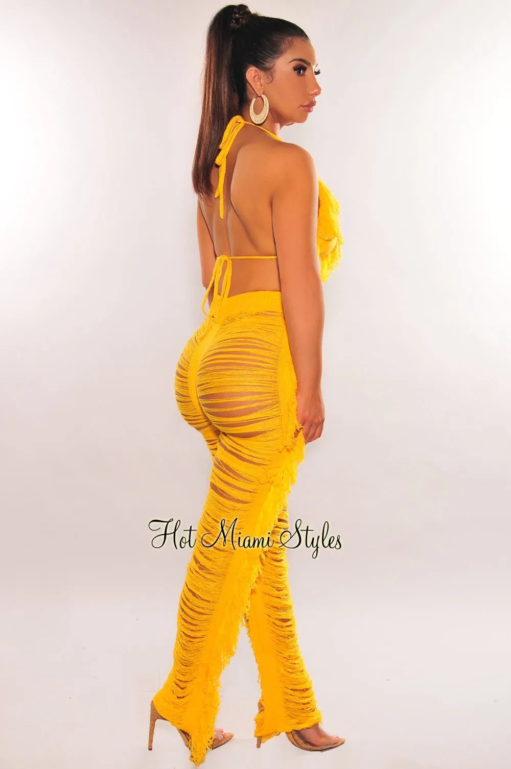 Yellow Knit Halter Triangle Top Fringe Ladder Cut Pants Two Piece Set