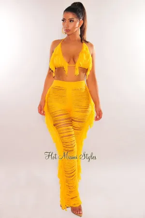 Yellow Knit Halter Triangle Top Fringe Ladder Cut Pants Two Piece Set
