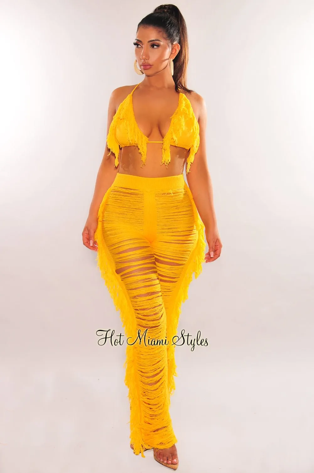 Yellow Knit Halter Triangle Top Fringe Ladder Cut Pants Two Piece Set