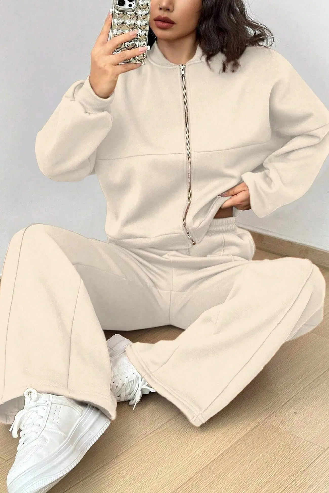 Zip-up Collarless‌ Cardigan Pants Set