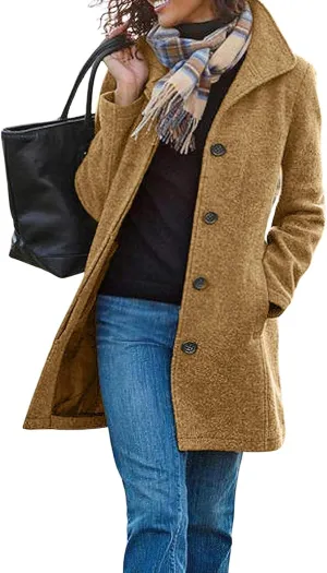 ZWRXW Women's Thicken Wool Blend Pea Single Breasted Coat Stand Collar Trench Coat Winter Warm Mid Long Outwear with Pockets