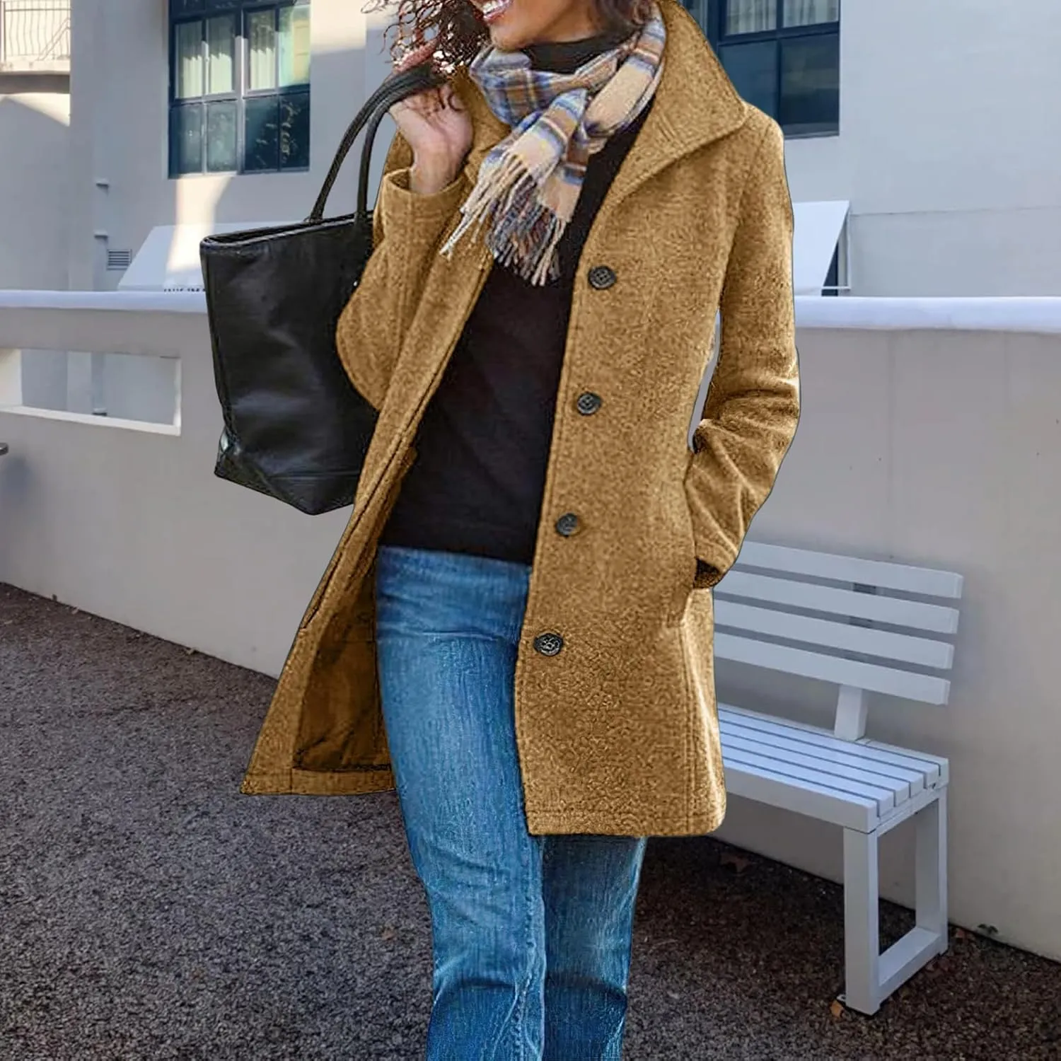 ZWRXW Women's Thicken Wool Blend Pea Single Breasted Coat Stand Collar Trench Coat Winter Warm Mid Long Outwear with Pockets